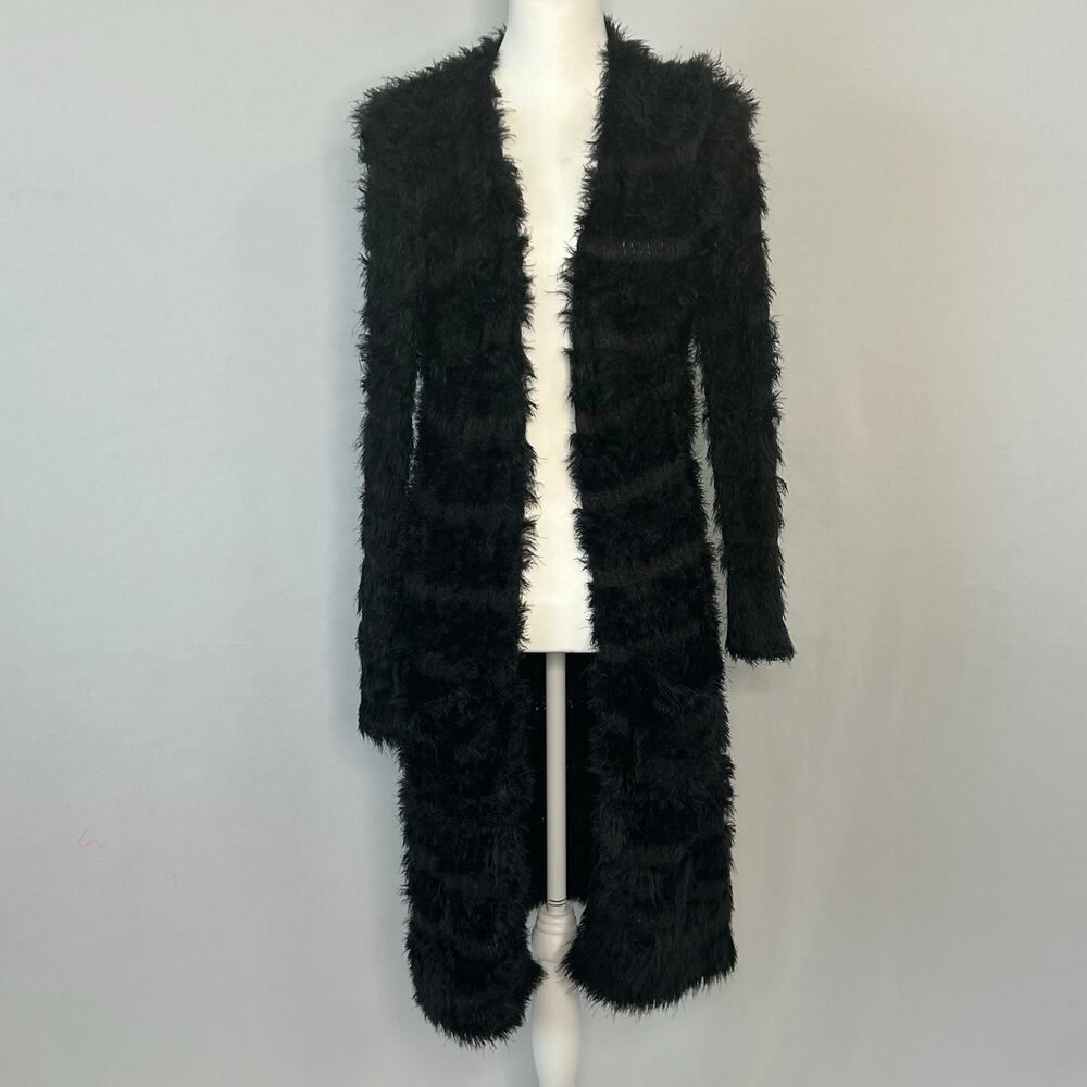 Bebe Black Faux Fur Long Duster Cardigan Open Front Shaggy Glam Size M